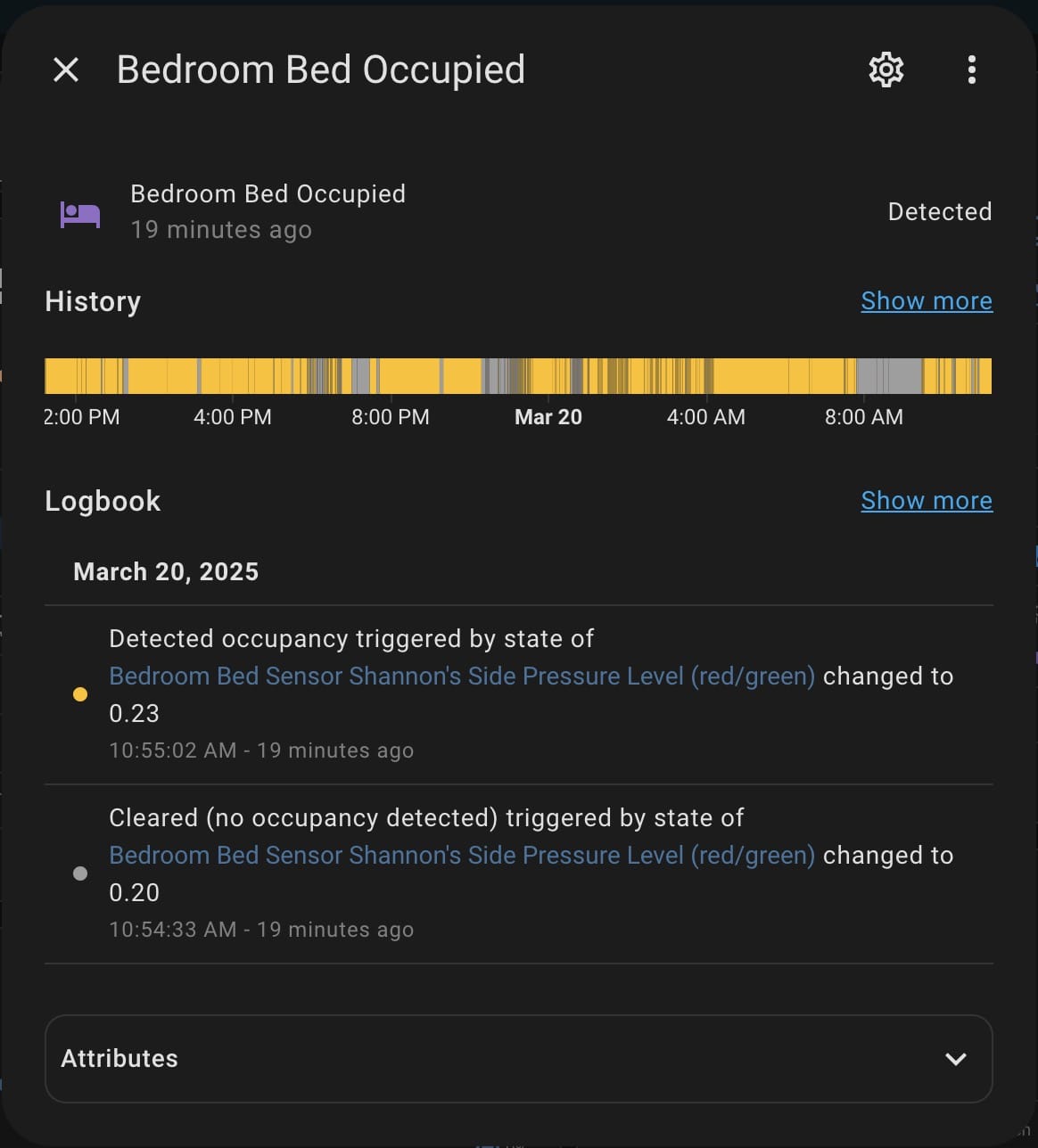 Node-RED flow for controlling bedroom lights based on bed occupancy.